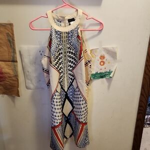 VENUS Cream Halter Midi Dress with Navy & Red Geometric Print